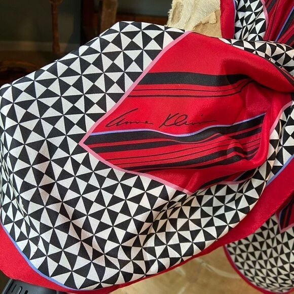 Vintage Anne Klein Extra Large Silk Scarf Red, Black, & White Geometric Houndsto - Picture 6 of 8